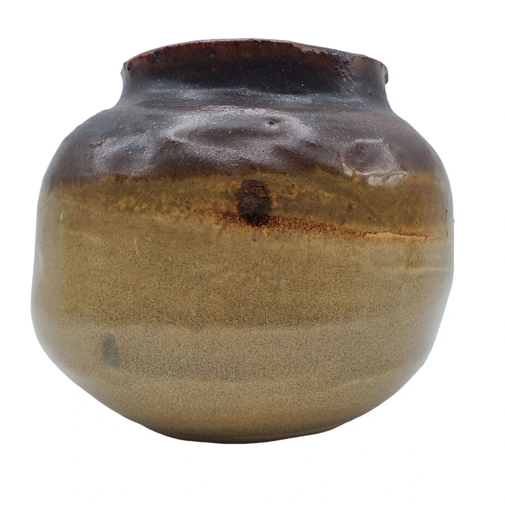 Bean Pot Squat Vase Art Pottery Brown Tan Signed Small Ceramic Rustic Decor Vtg
